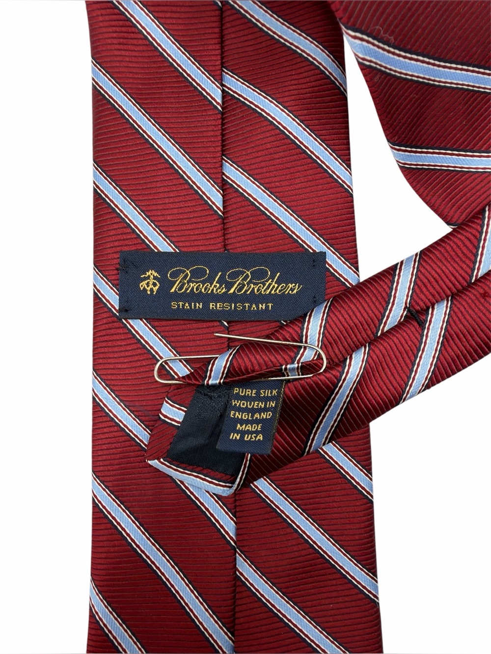 Brooks Brothers Men’s Red Blue Stripe Ribbed Stain Resistant Pure Silk Neck Tie - Picture 3 of 5